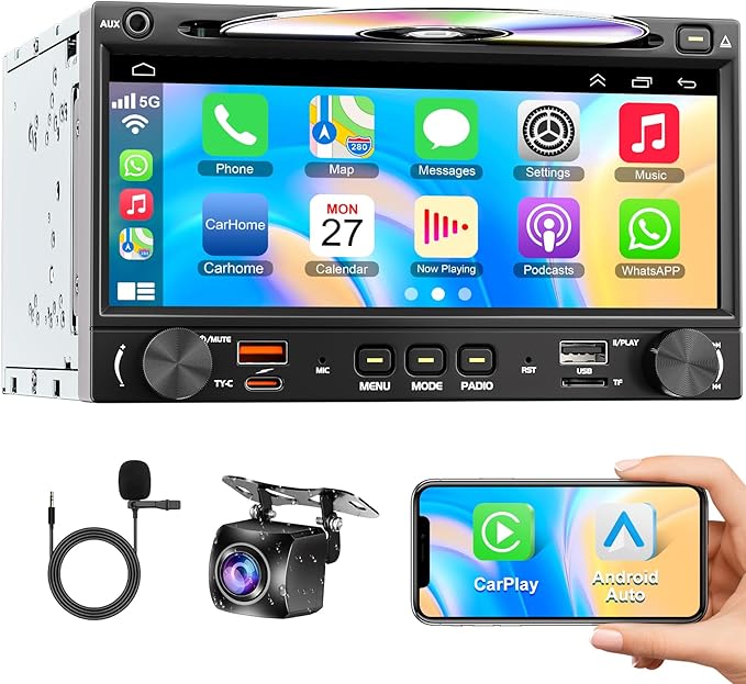 Wireless Double Din Car Stereo Radio with CD/DVD Player, Carplay & Android Auto, 7 inch Car Audio with HD Touchscreen, Bluetooth, Mirror Link, Backup Camera, SWC, FM/AM, USB/SD, A/V Input