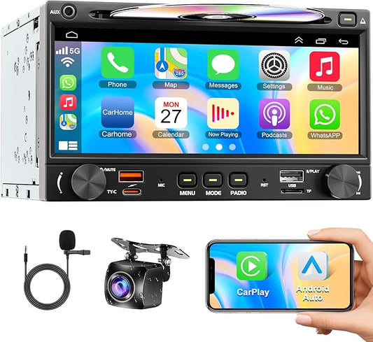 Wireless Double Din Car Stereo Radio with CD/DVD Player, Carplay & Android Auto, 7 inch Car Audio with HD Touchscreen, Bluetooth, Mirror Link, Backup Camera, SWC, FM/AM, USB/SD, A/V Input