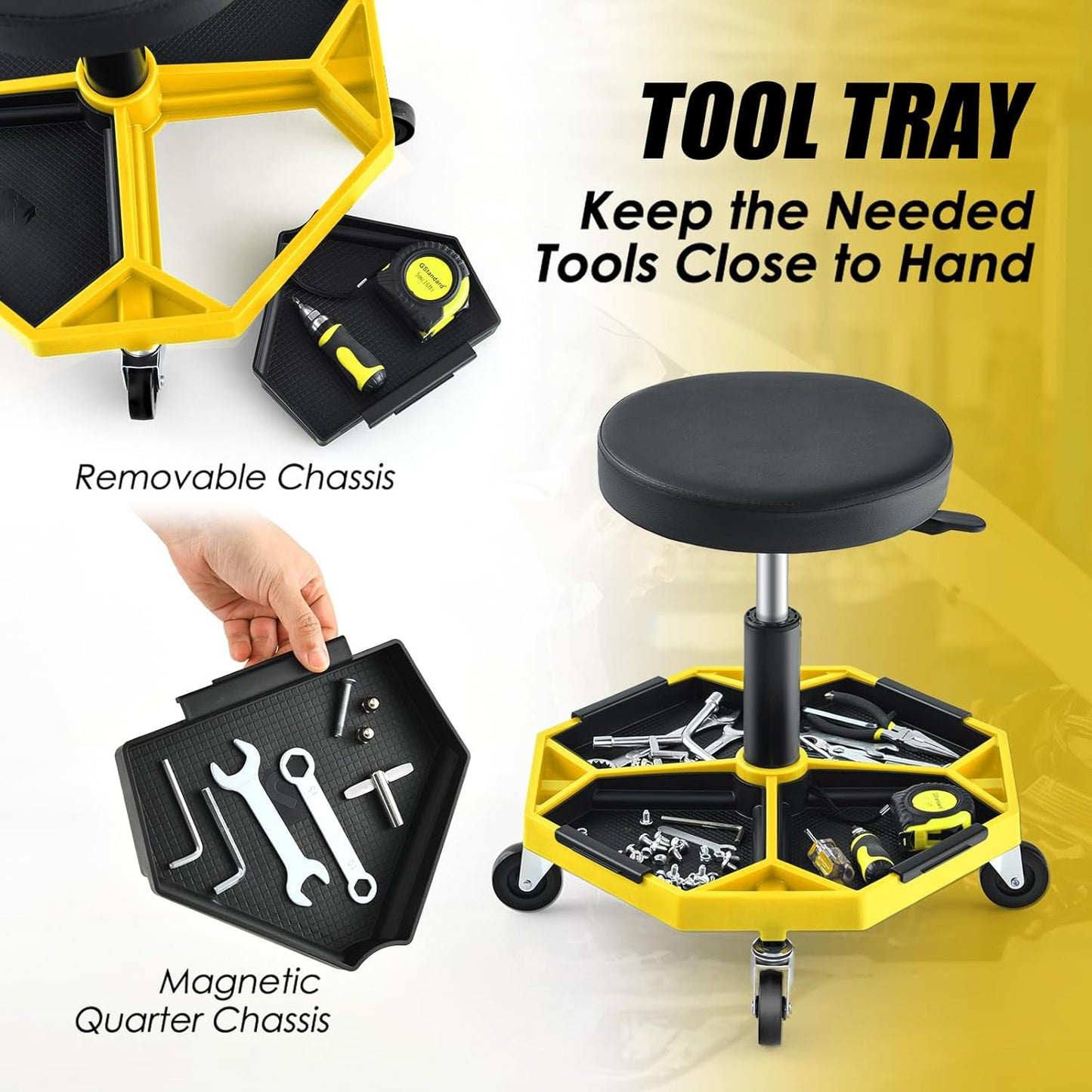 IRONMAX Rolling Mechanic Stool, Adjustable Shop Stool Creeper Seat with Removable Tool Tray, Padded Plush Cushion, Universal Wheels, Heavy Duty Metal Frame, 330 LBS Max Load (Yellow)