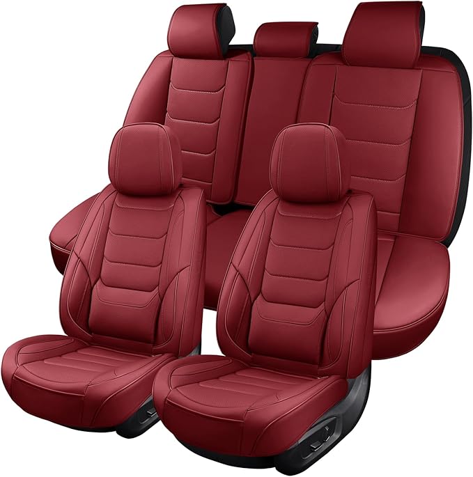 Leather Car Seat Covers Full Set Breathable Automotive Seat Covers Waterproof Seat Protectors Universal Fit for Most Automotive Cars SUV Trucks(Red, Full Set)