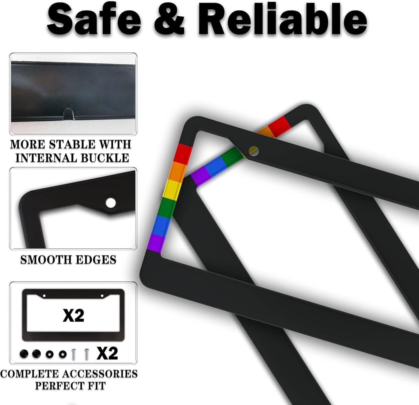 License Plate Frames Rainbow Automotive Exterior Accessories Gay Rainbow Strip Universal Aluminum Car Accessory 2 Pack with Screw Covers Set