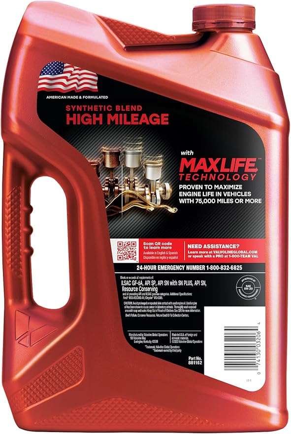 Valvoline High Mileage with MaxLife Technology 5W-20 Synthetic Blend Motor Oil 5 Quart (Pack of 3)