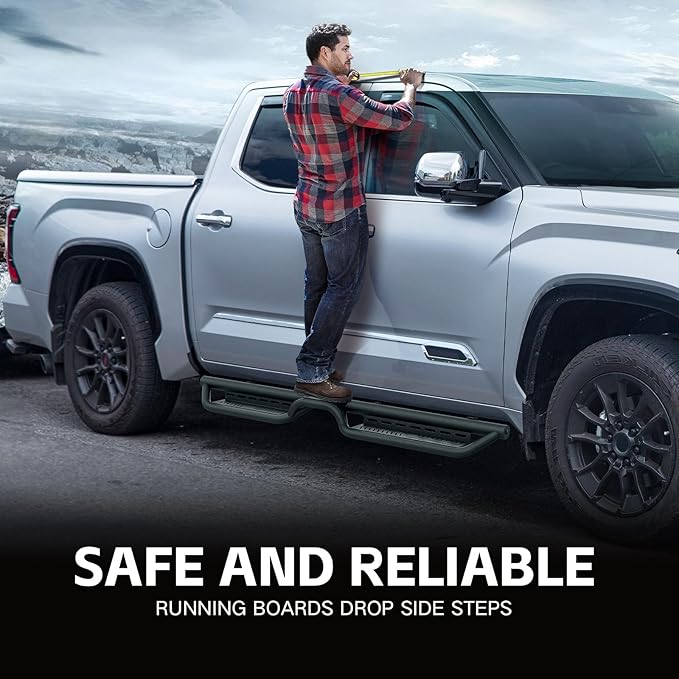 CrewMax Cab Running Boards Side Steps Compatible with 2022 2023 2024 2025 Toyota Tundra Crew Max Cab, Two Stair Design Black Side Rails Nerf Bars (Black Powder Coated, Star Logo)