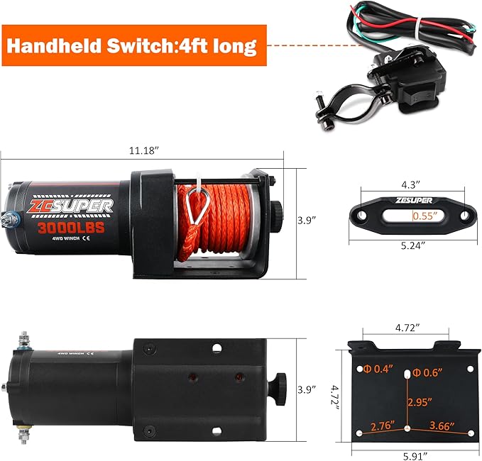 ZESUPER 3000 lb Electric Winch for ATV UTV Trailer Boat Synthetic Rope Winch 12V DC Off Road Towing Winches with Wireless Remote Mounting Bracket