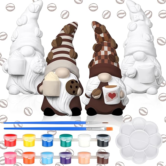 Hollowfly 2 Set Ready to Paint Your Own Gnome Statue 4" Mini Paintable Ceramics Blank Gnome Figurine Brush Palette Paint for Halloween Craft DIY Art Adult Employee Appreciation Gift (Coffee Style)