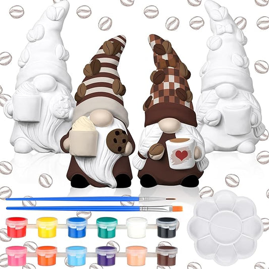 Hollowfly 2 Set Ready to Paint Your Own Gnome Statue 4" Mini Paintable Ceramics Blank Gnome Figurine Brush Palette Paint for Halloween Craft DIY Art Adult Employee Appreciation Gift (Coffee Style)