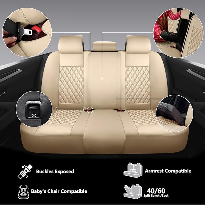 Premium Leather Car Seat Covers Full Set,Universal Fit for Cars,Trucks&SUVs,Waterproof Car Seat Cushion,Full Coverage Car Seat Protector with 5 Seats,Beige