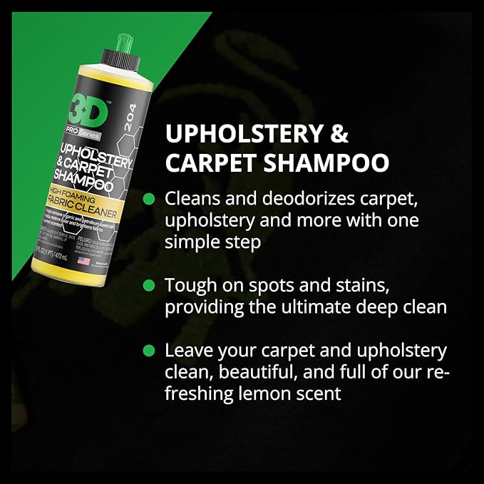 3D Upholstery & Carpet Shampoo - High Foam Stain Remover & Odor Eliminator Shampoo 16oz.