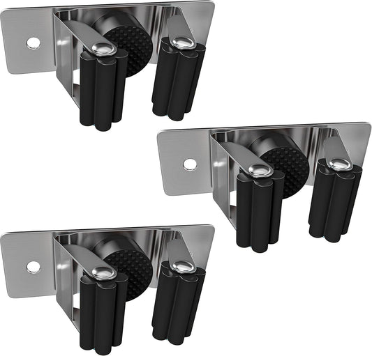 Self Adhesive Broom and Mop Holder Wall Mounted – SUS304 Stainless Steel 2-Slot Organizer with Anti-Slip Rubber Grips, 25lb Load, Adjustable for 0.6–1.4" Handles, Garage Kitchen Bathroom Use, 3 Pcs