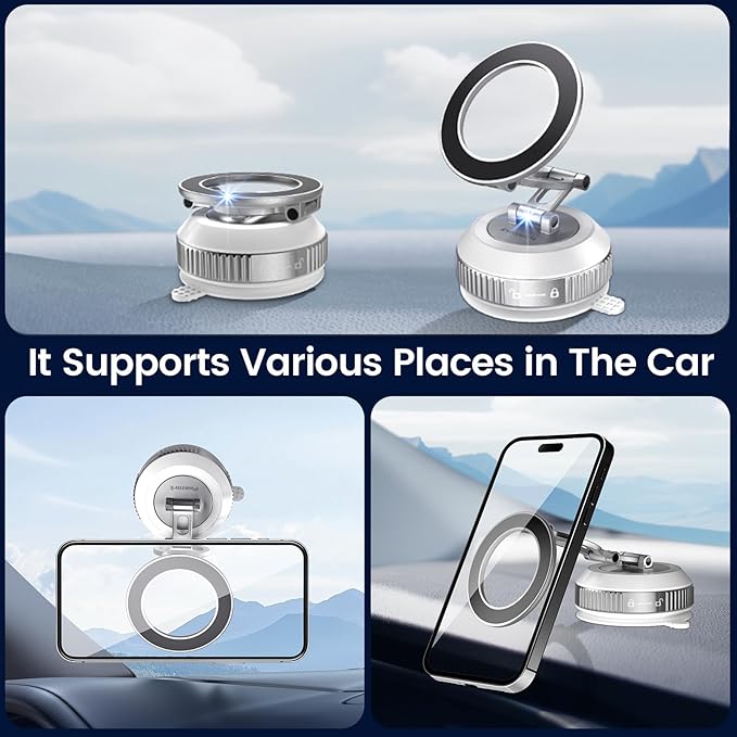 Tri-Folding Car Phone Holder for Magsafe[80+LBs Strongest Suction & 2850gf Strongest Magnetic], 360°Adjustable Phone Holders for Car, Suction Cup Phone Mount for iPhone17 Pro Max/16/15/14Series，Silver