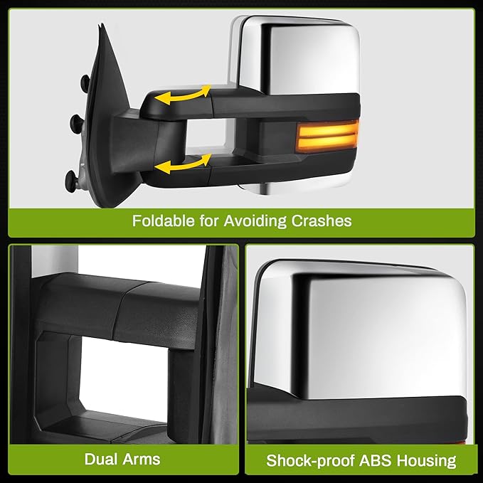 AUTOSAVER88 Towing Mirrors Compatible with 2014-2018 Chevy Silverado GMC Sierra 1500 2500HD 3500HD, LED Tube Turn Signal Light Power Heated Telescoping Tow Mirrors Pair Set-Chrome