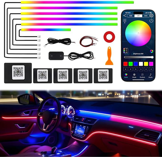 Dreamcolor Acrylic Interior Car LED Strip Lights, 6 in 1 Ambient Lighting Kit with Wireless APP, Dynamic Chasing Music Sync Fiber Optic Lights with DIY Mode, Car Inside Lighting Accessories