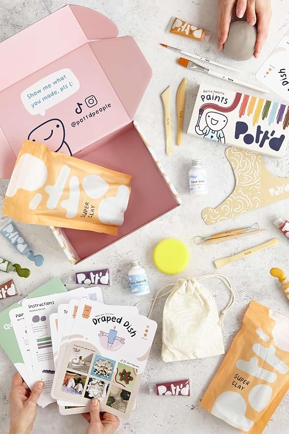 Pott'd Air Dry Clay for Adults. Beginners Home Pottery Kit for Adults. DIY Craft Kit for Adults. Kit Includes: Air-Dry Clay for Adults, Tools, Paints, Brushes, Sealant, How-to-Guides