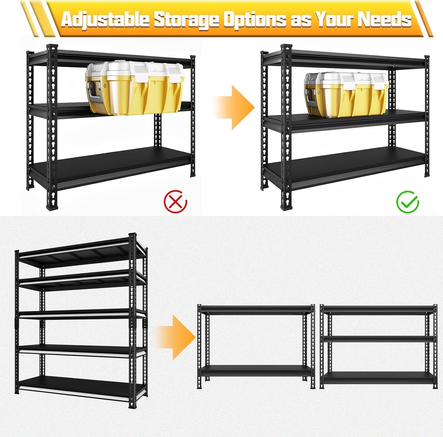 48" W Garage Shelving Heavy Duty, 2800LBS Loads Adjustable Garage Storage Shelves, 5-Tier Metal Shelving Units and Storage Racks, Industrial Utility Shelf,48" Wx18 Dx78 H, Black