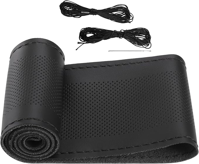 Car Hand Sewn DIY Steering Wheel Cover Breathable Comfortable 32-35cm Stitch on Wrap Cover Microfiber Leather Black Stitches