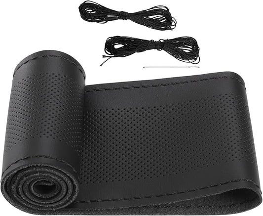 Car Hand Sewn DIY Steering Wheel Cover Breathable Comfortable 32-35cm Stitch on Wrap Cover Microfiber Leather Black Stitches