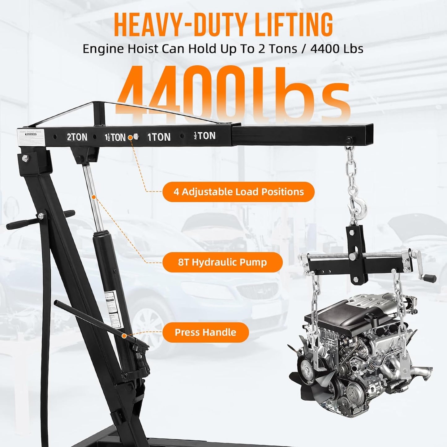 Engine Hoist with Lever, 2 Ton 4000 Lbs Heavy Duty Folding Cherry Picker Engine Lift Hydraulic Tilting Engine Shop Crane with 6 Iron Caster Wheels Telescopic Boom Hitch,Black