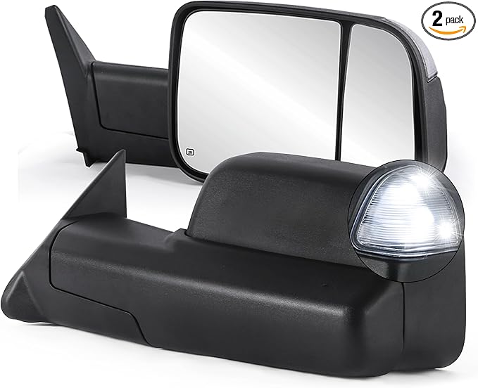 Pair Black Power Heated Towing Mirrors Compatible for 1998-2001 Dodge Ram 1500/1998-2002 Dodge Ram 2500 3500 w/White DRL, Led Turn Light