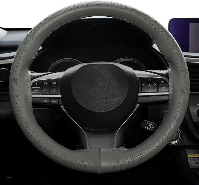 AUTOXBERT 38cm/15 Inch Genuine Leather DIY Steering Wheel Cover Soft Hand Sewing On Wrap Cover with Needles Thread fit for VW Ford Nissan Kia Vauxhall