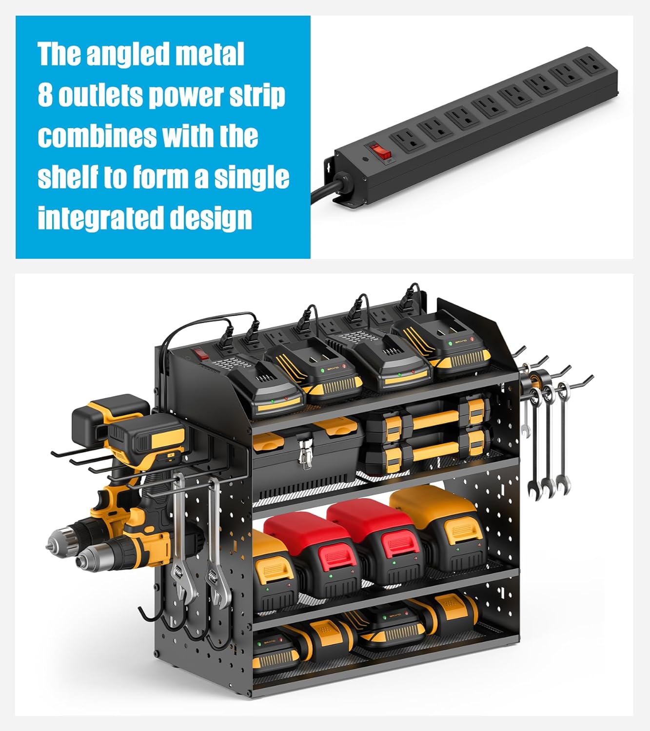 CCCEI Modular Desk Power Tools Organizer with Charging Station, 4 Layer Drills Battery Storage Wall Mount, Garage Shop Organization, Anniversary, Birthday, Gifts for Men, Father, Black, 6FT Cord.