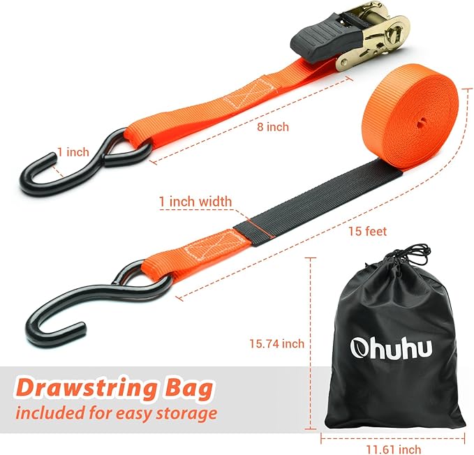 Ratchet Tie Down Strap 8-Pack 15 Ft - 500 lbs Load Cap with 1500 lbs Breaking Limit, Ohuhu Ratchet Tie Downs Logistic Cargo Straps for Moving Appliances, Motorcycle, Orange