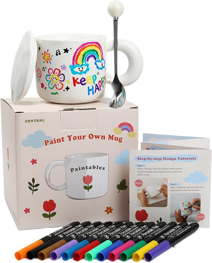 Paint Your Own Ceramic Mug Kit - DIY Ceramic Painting Kit for Adults Kids, Paintable Ceramic Mug Decorating Set, Custom Mugs Design Your Own, Ceramic Painting Kit Includes Mug, Paints, Manual