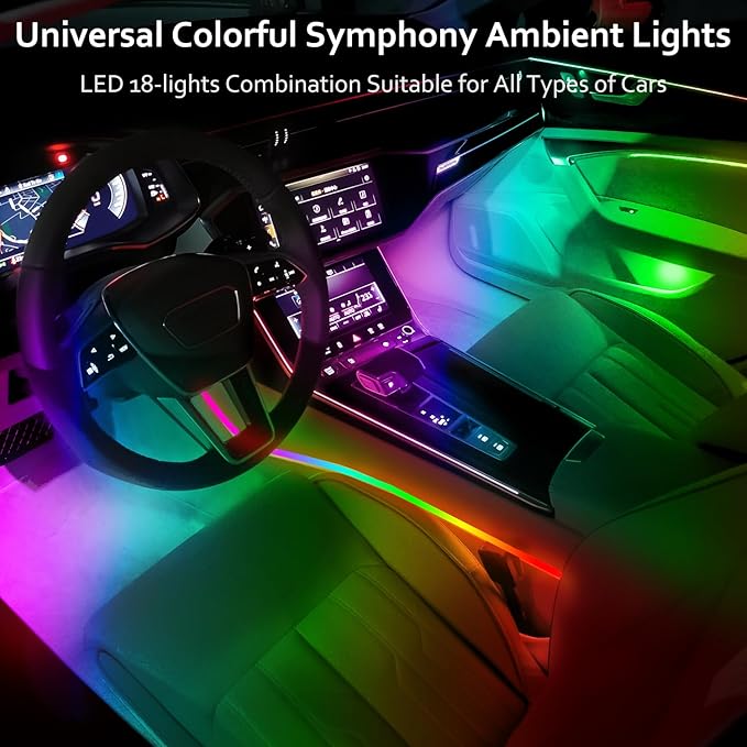Acrylic Interior Car LED Strip Light with APP, 18-in-1 128 Colorful 6 Pieces Fiber Optic Car Decoration Atmosphere Light Kits, Dual Zone Music Sync Rhythm RGB Neon Lighting for All Cars