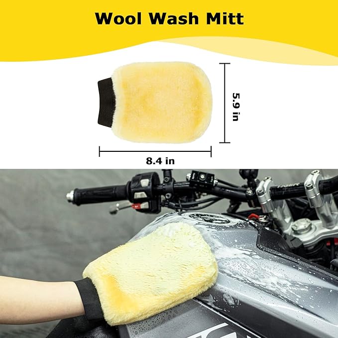 Motorcycle Cleaning Kit 6 Pack with Easy Reach Brush,Tire Brush,Wool Wash Mitt,Chain Brush,Detailing Brush and Microfiber Towel for Cleaning Motorcycle Mudguard,Rims,Exhaust,Frame
