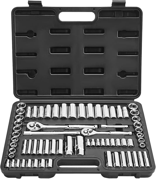 VEVOR Socket Set, 69 Pieces, 3/8 & 1/4 inch Drive Socket and Ratchet Set, SAE and Metric, Deep and Standard, Mechanic Tool Kit with Accessories and Storage Case, CR-V Alloy Steel, for Auto Repair
