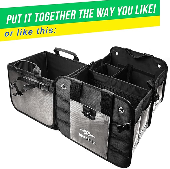 Large Car Trunk Organizer for SUV - Trunk Storage - Modular Configurable Detachable Collapsible - Minivan Truck Sedan Van - 3 Compartment XL, Gray