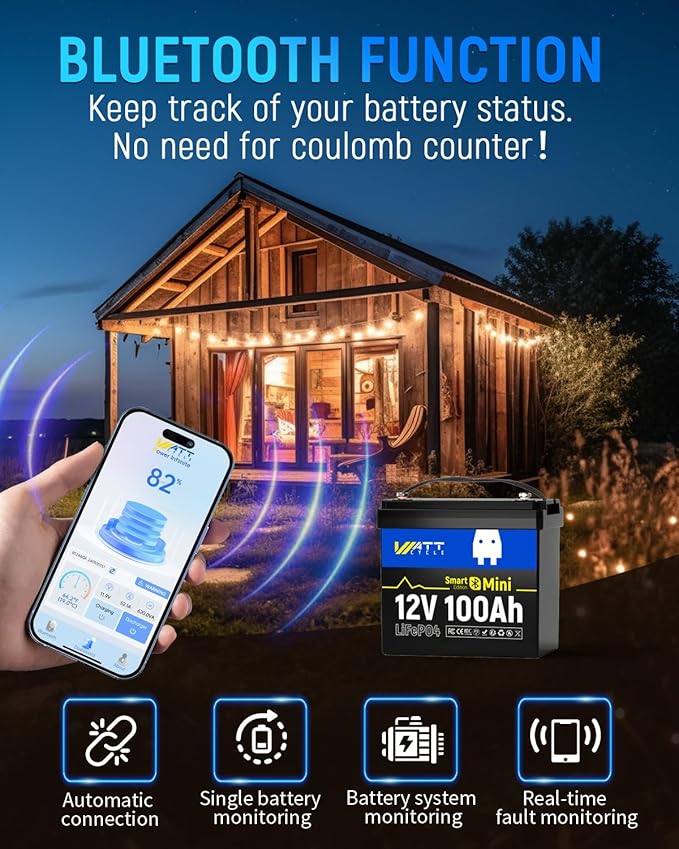 12V 100Ah LiFePO4 Lithium Battery with Bluetooth, BCI Group 24, 12V Mini Batterys 100A Smart BMS, Support Monitoring Battery via Phone Bluetooth, Up to 15000 Cycles for Trailer RV, Motor Home, Marine