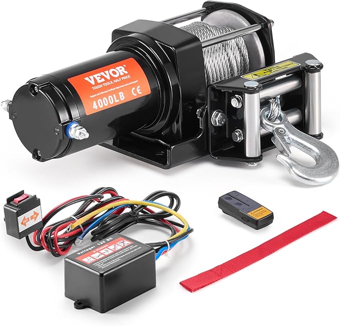 VEVOR Electric Winch, 4000 lb Line Pull Capacity, 12V DC ATV/UTV Winch with Φ3/16 in x 39 ft 7 Strands Steel Cable Roller Fairlead Wireless & Wired Remote Control, IP55 Waterproof for Towing UTV ATV