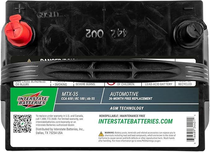 Interstate Batteries Automotive Battery 12V 55Ah (Group Size 35) 650CCA SLI AGM Auto Battery Replacement for Cars, SUVs, Sedans, Trucks (MTX-35)