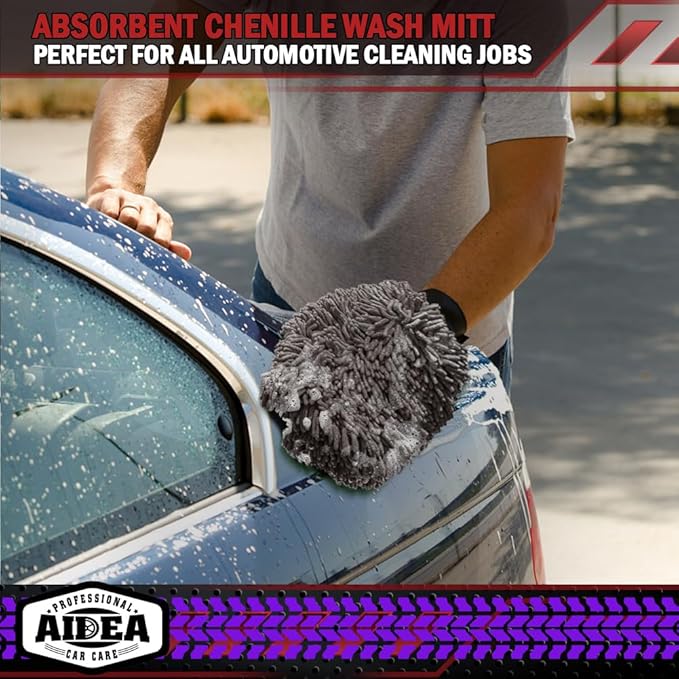 AIDEA Car Wash Mitt Microfiber-2Pack, Scratch-Free& Lint-Free, Premium Chenille Microfiber Wash Mitt-Grey Extra Large Size (8''X12'')
