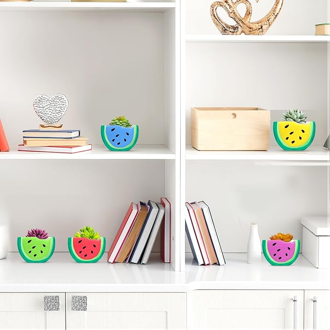 Pasimy 6 Set DIY Ceramic Succulent Planter Pots Paint Your Own Flower Pots Craft Kit Unpainted Bisque Paintable Flowerpot with Brush Palette Ready to Paint for Family Activity Gift(Watermelon)