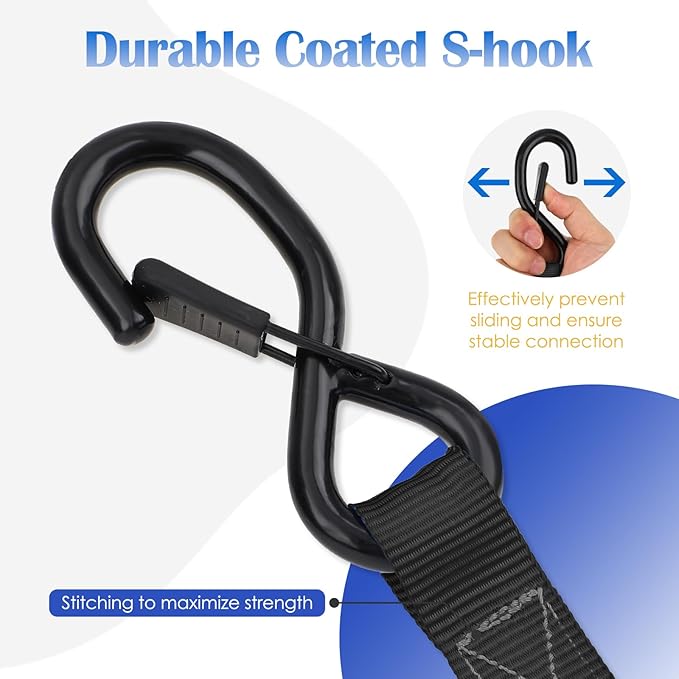 Ratchet Straps 4 Pack - 2,200 Lbs Break Strength 1 in x 15 Ft Medium Duty Ratchet Tie Down Straps with S Hooks Set for Truck, Cargo Van, Trailer, Motorcycle (Black)