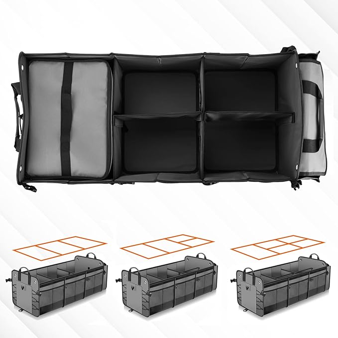 Large Trunk Organizer with Removable Cooler Bag-Collapsible Durable Multi Compartments w/ Foldable Cover, Non Slip Bottom Cargo Storage Suitable for Any Car, SUV, Truck, or Van(3 compartments,Gray）