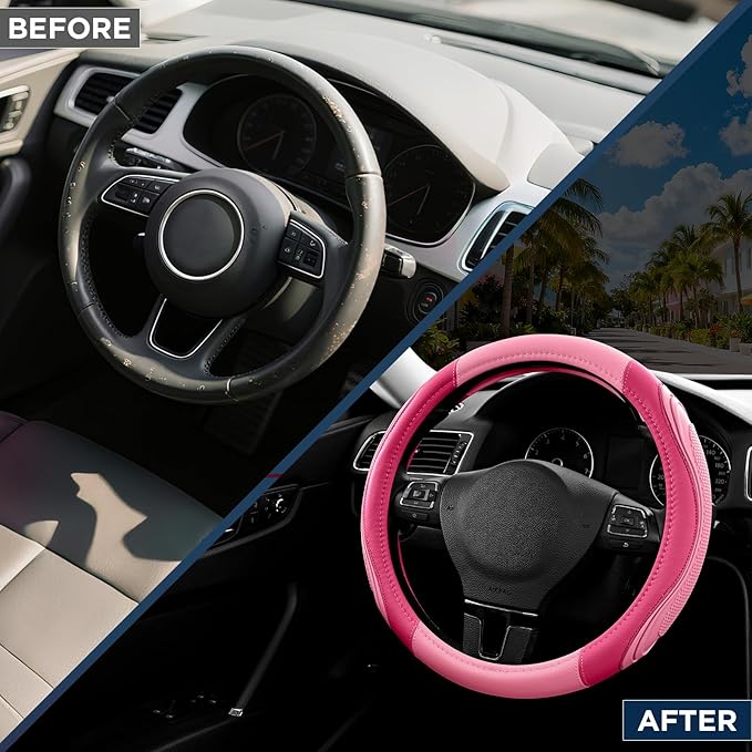Road Comforts Car Steering Wheel Cover - Microfiber Leather Steering Wheel Wrap Sports 14.5-15 Inch Steering Wheel Cover Non-Slip for Men Women Pink & HotPink Color