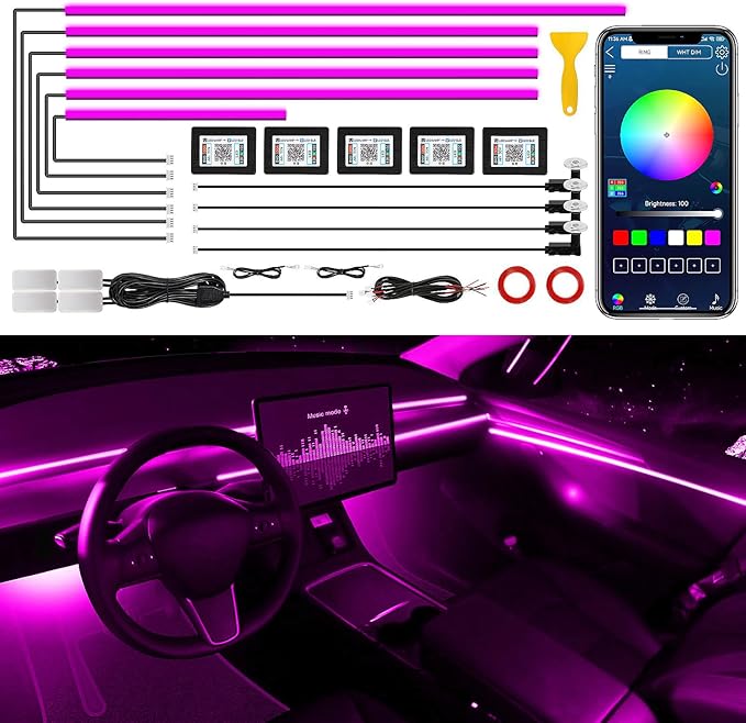 Acrylic Interior Car LED Strip Light with Wireless APP, 14 in 1 with 175 inches 593 LEDs Neon LED Strip Light, RGB Colors Dynamic Music Sync Car Ambient Lighting Kits