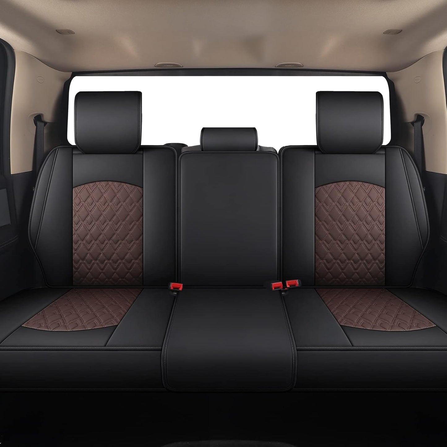 JOJOBAY Car Seat Covers for Dodge Ram Full Set,Fit Ram 2009-2025 1500/2500/3500 Pick-up Truck,Crew,Regular,Quad,Mega Cab,Waterproof Leather Seat Covers Protectors（5PCS Full Set,Black-Brown）