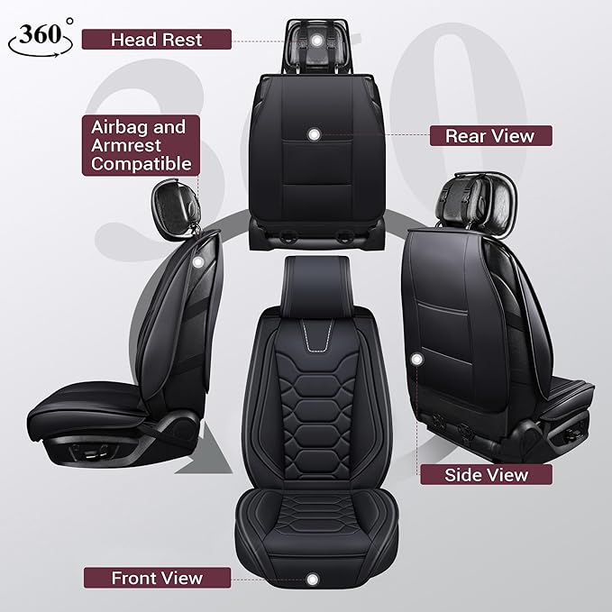 OASIS AUTO Car Seat Covers Front Seats, Waterproof Faux Leather Seat Covers for Cars Universal Fit for SUV, Truck, Sedan, Black Premium Car Seat Protector with Cushions