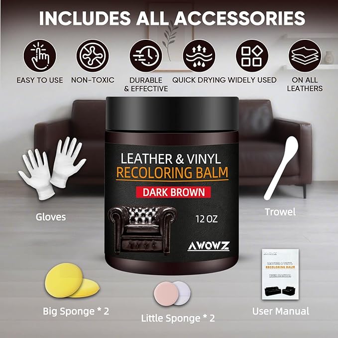 Leather Recoloring Balm - Scratch Repair & Color Restore Kit for Faded Leather, Leather Couch & Car Seats - 12OZ Leather Restorer Balm for Furniture, Auto Interior, Vinyl, Accessories (Dark Brown)