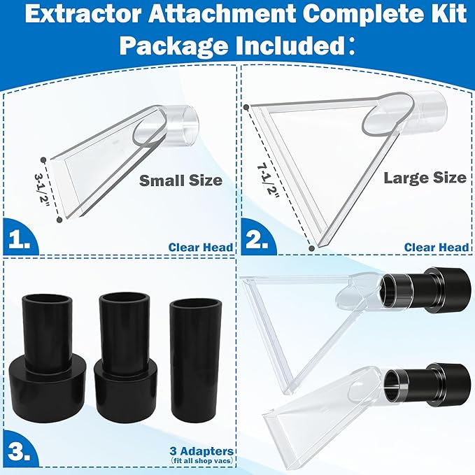 Happy Tree Universal Fits All Shop Vacs with 2-1/2"& 1-7/8" & 1-1/4" Adapters Large 7-1/2"& Small 3-1/2" Clear Head for Upholstery/Carpet Cleaning, Shop Vac Extractor Attachment