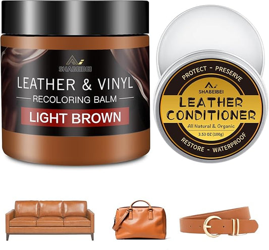 Leather Recoloring Balm with 100ml Mink Oil, Light Brown Leather Repair Kit and Scratch Remover for Furniture, Car Seats, Sofas, Dye & Restorer for Couches, Vinyl, PU, Faux