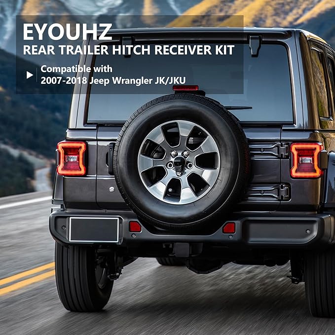 for Jeep Wrangler JK Accessories Towing Hitch Receiver with 4-Pin Wiring Harness Compatible with 2007-2018 Jeep Wrangler JK JKU, Rear Bumper Trailer Hitch Kit 2 Inch Tow Hook Combo with Cover