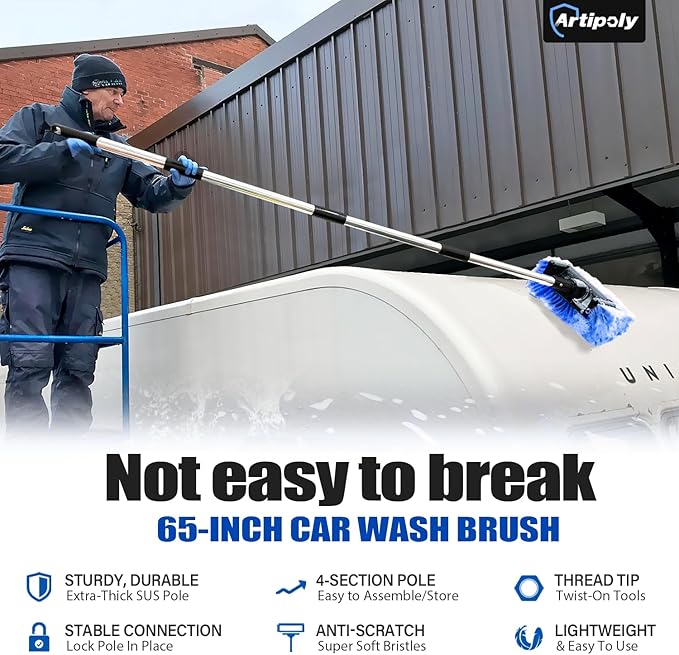 65'' Car Wash Brush with Long Handle, Scratch-Free Car Cleaning Kit with Soft Wash Brush, Tire Brush, Window Squeegee, Car Wash Mitt, Microfiber Cleaning Head & Extension Pole
