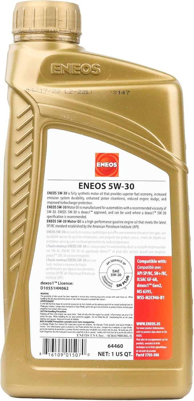 Eneos 3703-300 Full Synthetic Motor Oil, 1 Quart, 1 Pack