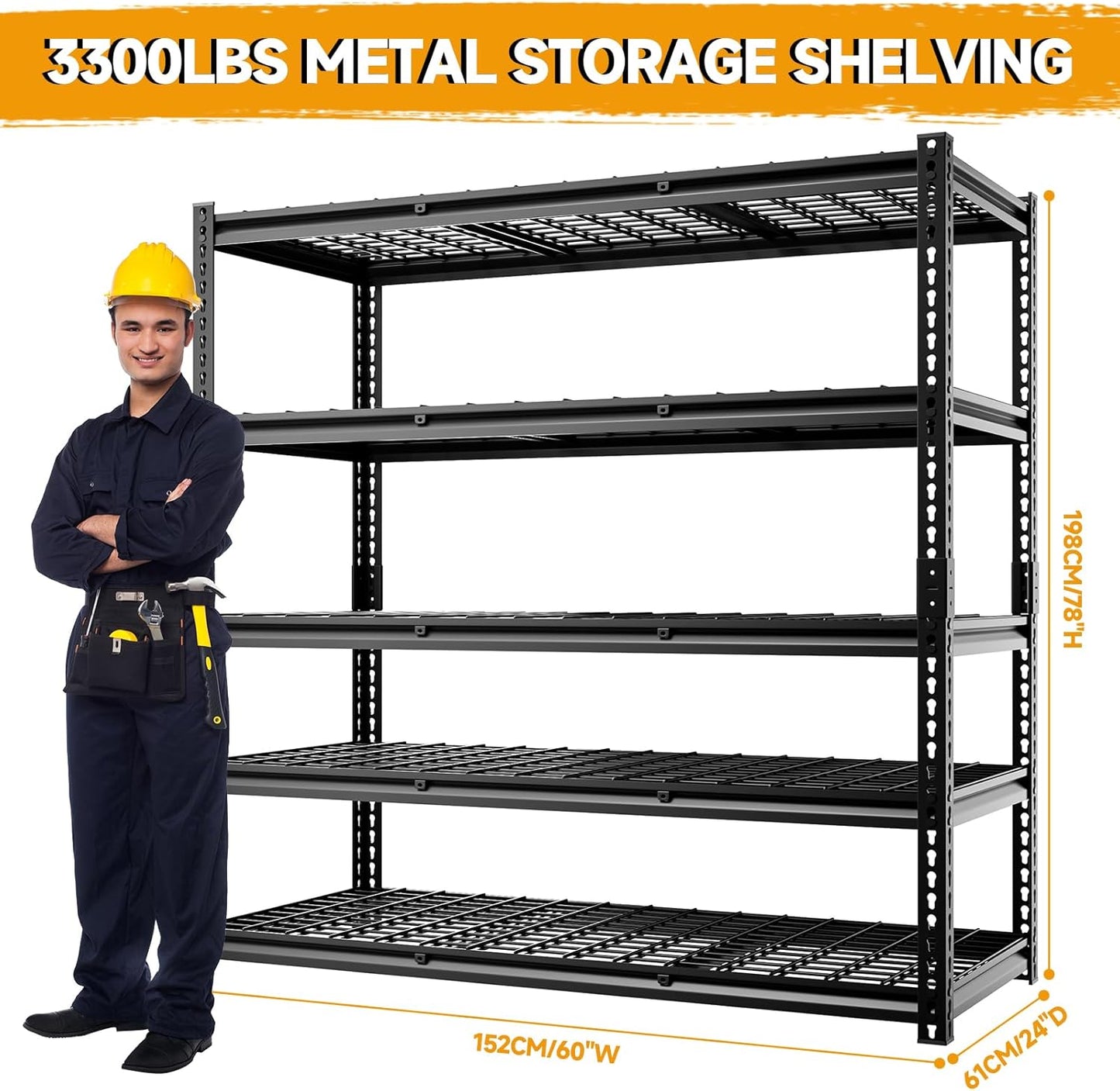 5-Tier 60" W X 24" D X 78" H Garage Shelving Metal Storage Shelves 3300LBS Heavy Duty Industrial Shelving Adjustable Garage Shelf Unit Utility Storage Racks(Black)