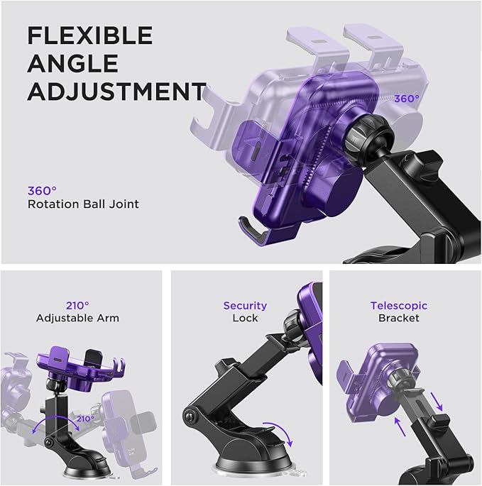 Wireless Car Charger,【7 Colored RGB Backlit】15W Auto Clamping Car Charger Phone Mount Holder for iPhone 16 15 14 13 12 Mini Pro Max 11, Samsung Galaxy S24 Ultra S23 S22 S21+ S10+ Note 20, etc - Purple