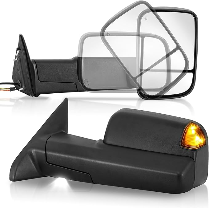 Pair Power Heated Towing Mirrors Compatible with 2009-2018 Dodge Ram 1500 2500 3500/2019-2024 Ram 1500 Classic w/LED Turn Signal Light Side Mirror Temperature Sensor (Black)